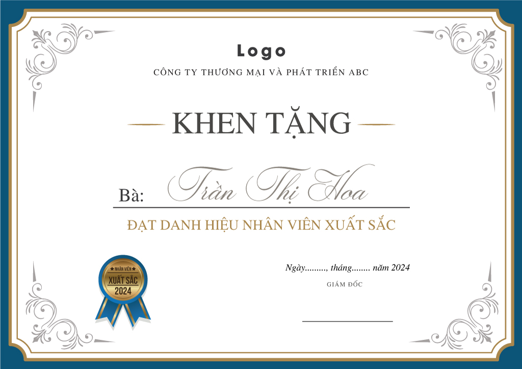 Mẫu giấy khen tặng thưởng nhân viên cuối năm 2024